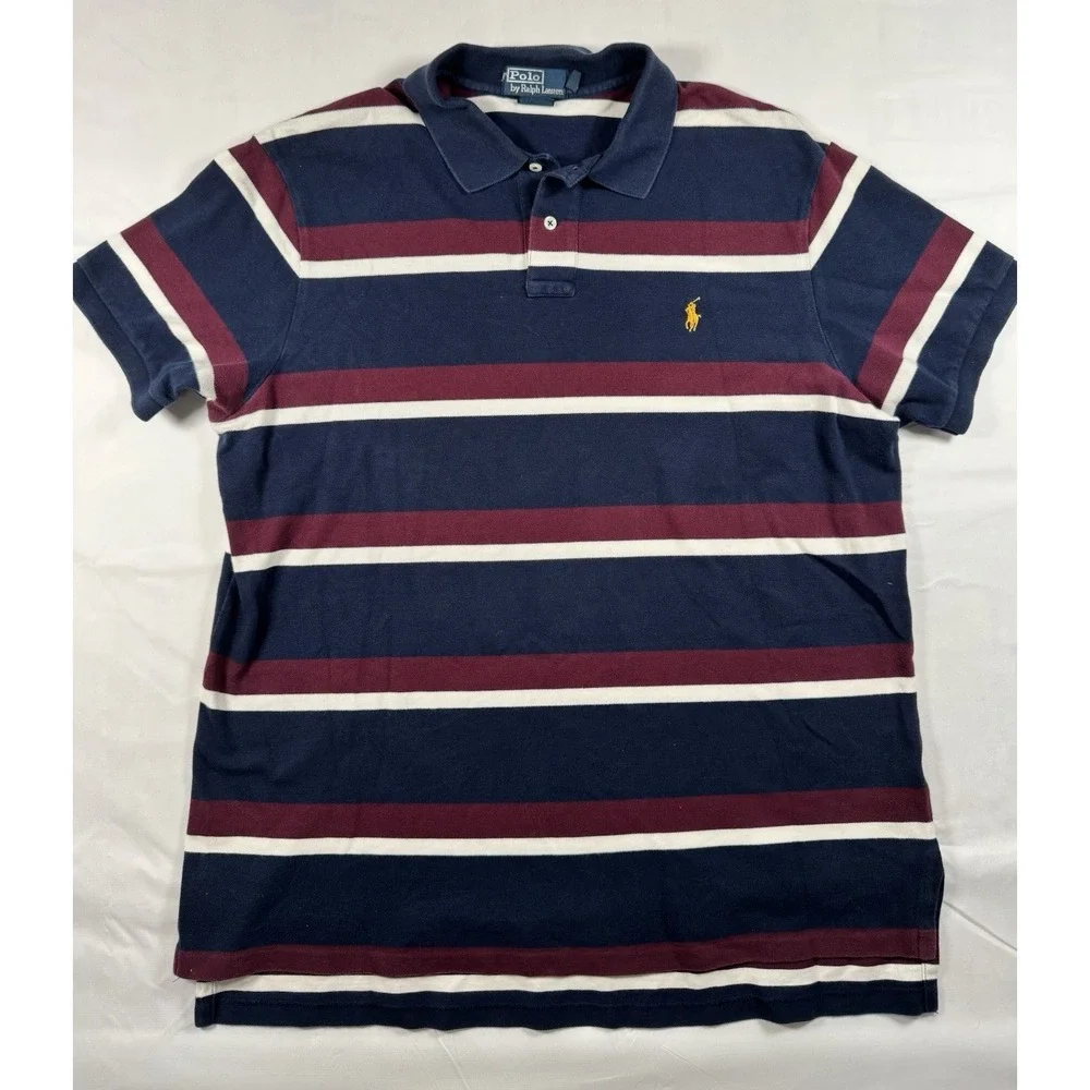 Polo Ralph Lauren XL Custom Fit Big Pony Striped Rugby Polo Navy Burgundy‎ Cream